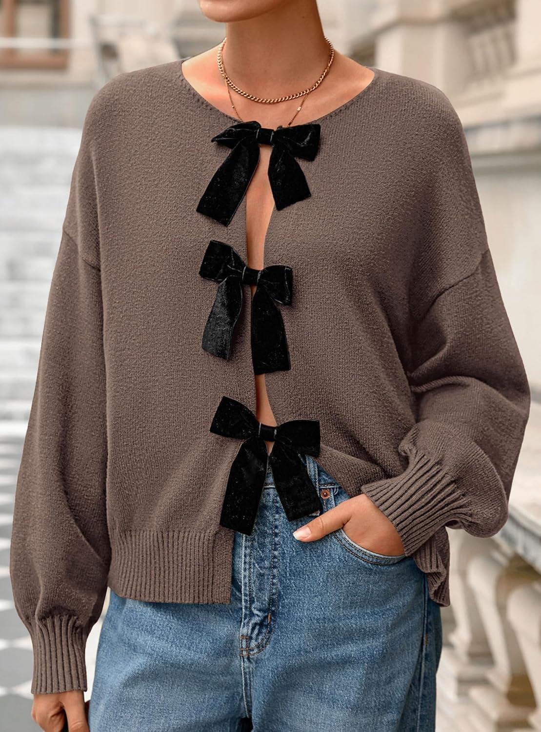 imagePRETTYGARDEN Cardigan Sweaters for Women Fall Fashion 2025 Bow Tie Front Long Sleeve Knit Sweater Tops Cute Winter ClothesCoffee