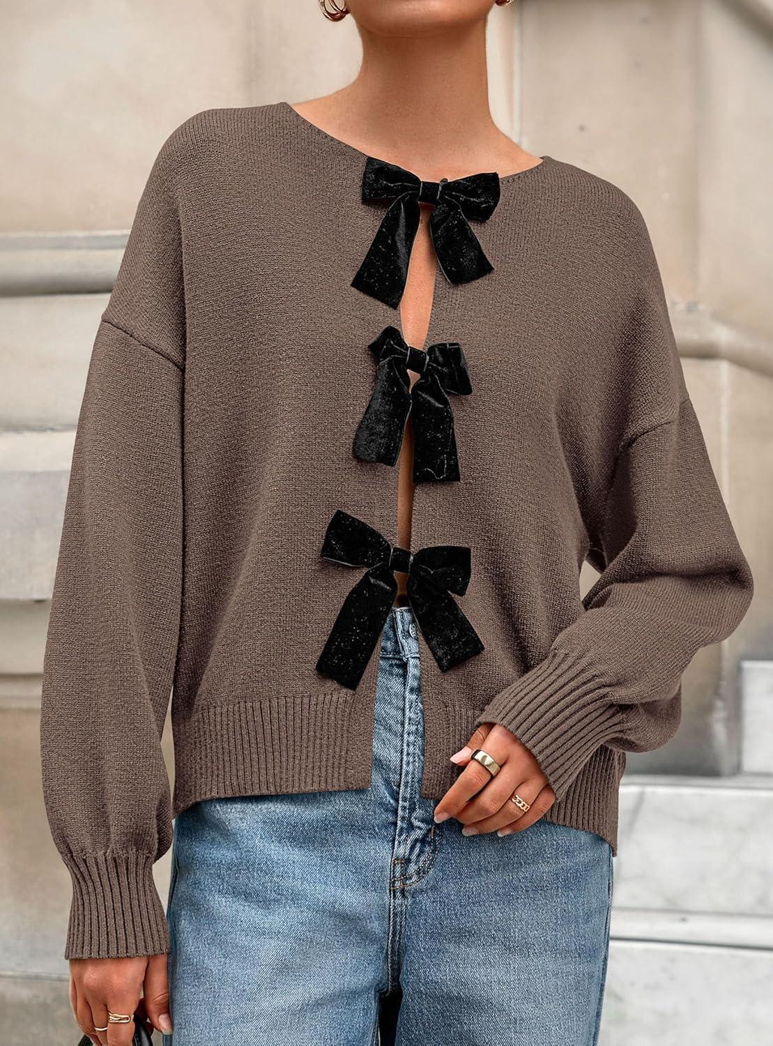 imagePRETTYGARDEN Cardigan Sweaters for Women Fall Fashion 2025 Bow Tie Front Long Sleeve Knit Sweater Tops Cute Winter ClothesCoffee