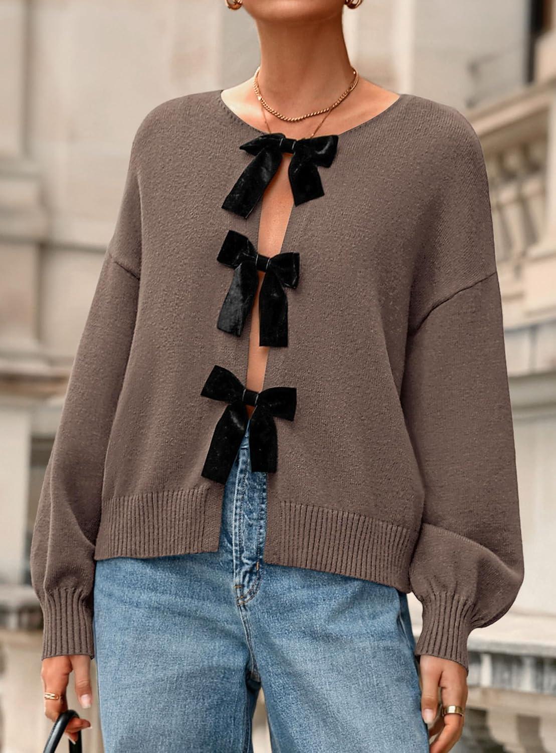 imagePRETTYGARDEN Cardigan Sweaters for Women Fall Fashion 2025 Bow Tie Front Long Sleeve Knit Sweater Tops Cute Winter ClothesCoffee