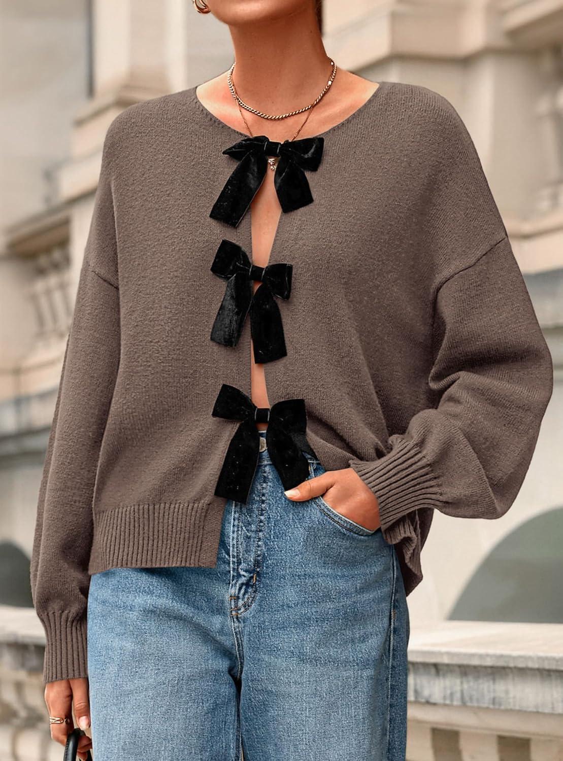 imagePRETTYGARDEN Cardigan Sweaters for Women Fall Fashion 2025 Bow Tie Front Long Sleeve Knit Sweater Tops Cute Winter ClothesCoffee