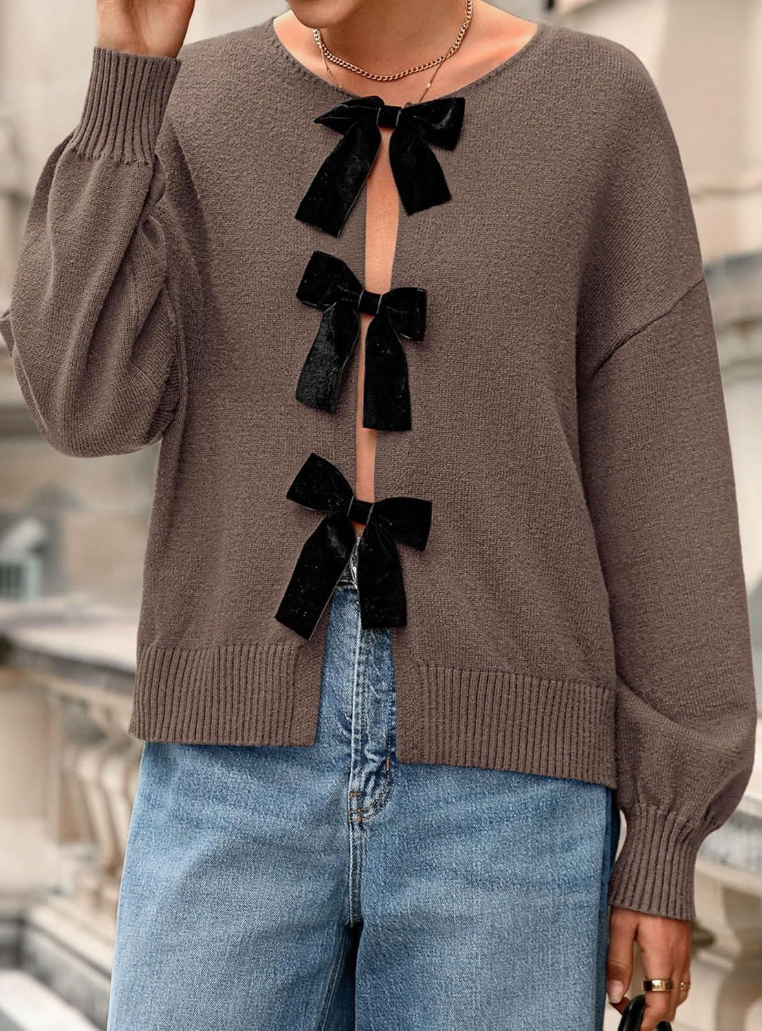 imagePRETTYGARDEN Cardigan Sweaters for Women Fall Fashion 2025 Bow Tie Front Long Sleeve Knit Sweater Tops Cute Winter ClothesCoffee