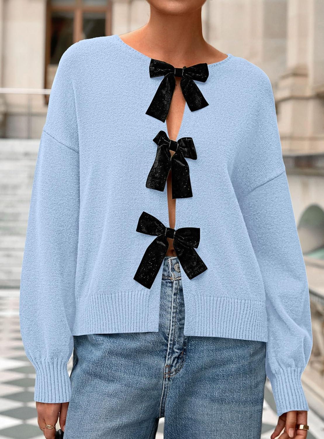 imagePRETTYGARDEN Cardigan Sweaters for Women Fall Fashion 2025 Bow Tie Front Long Sleeve Knit Sweater Tops Cute Winter ClothesLight Blue