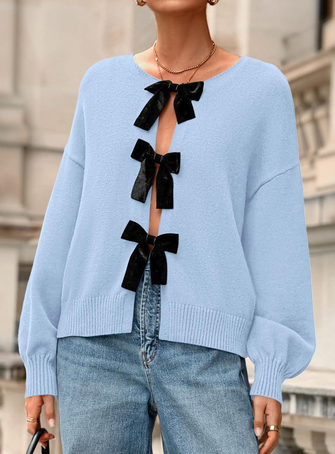 imagePRETTYGARDEN Cardigan Sweaters for Women Fall Fashion 2025 Bow Tie Front Long Sleeve Knit Sweater Tops Cute Winter ClothesLight Blue
