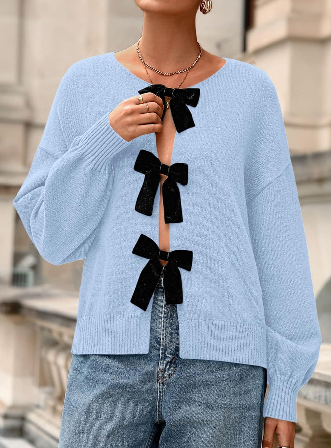 imagePRETTYGARDEN Cardigan Sweaters for Women Fall Fashion 2025 Bow Tie Front Long Sleeve Knit Sweater Tops Cute Winter ClothesLight Blue