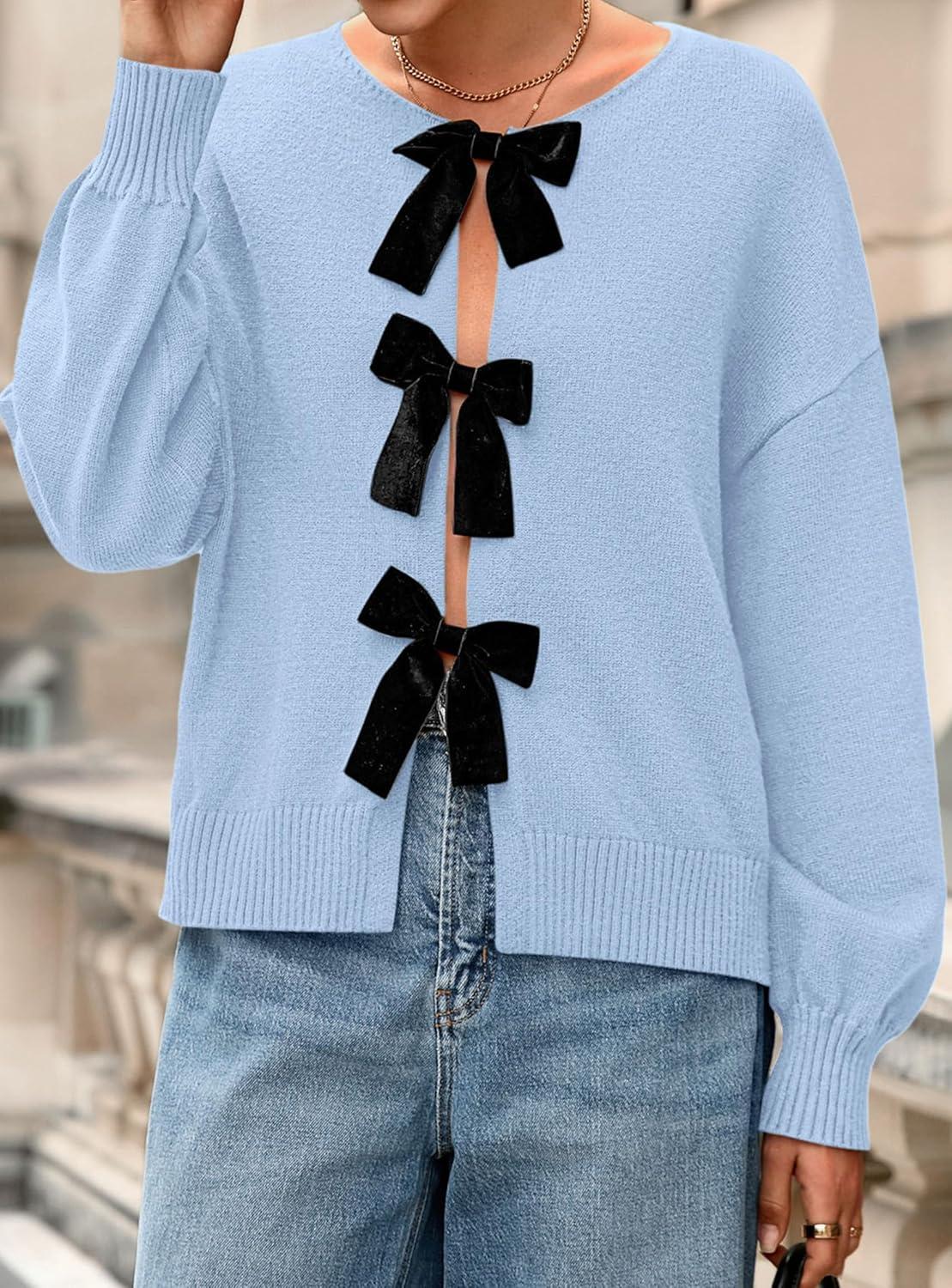 imagePRETTYGARDEN Cardigan Sweaters for Women Fall Fashion 2025 Bow Tie Front Long Sleeve Knit Sweater Tops Cute Winter ClothesLight Blue