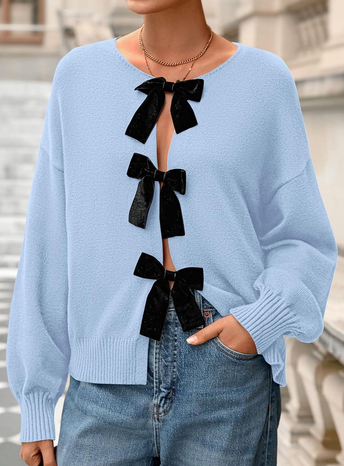 imagePRETTYGARDEN Cardigan Sweaters for Women Fall Fashion 2025 Bow Tie Front Long Sleeve Knit Sweater Tops Cute Winter ClothesLight Blue
