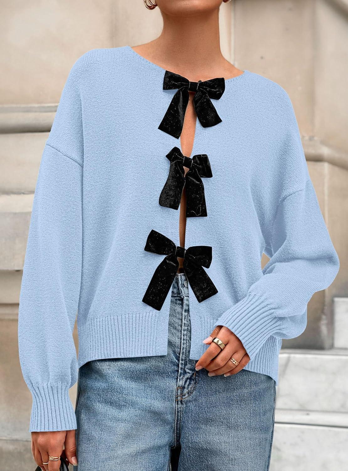 imagePRETTYGARDEN Cardigan Sweaters for Women Fall Fashion 2025 Bow Tie Front Long Sleeve Knit Sweater Tops Cute Winter ClothesLight Blue