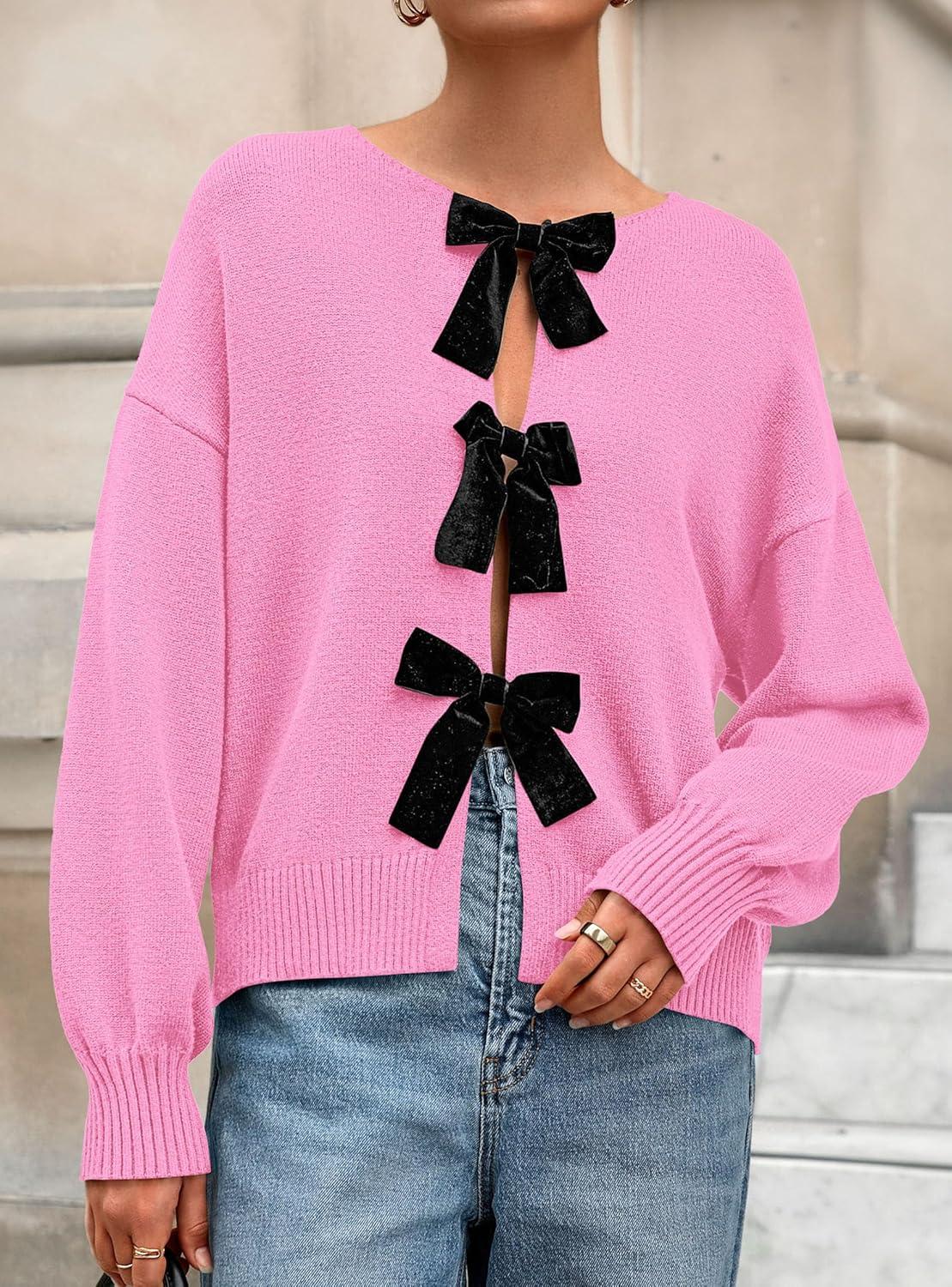 imagePRETTYGARDEN Cardigan Sweaters for Women Fall Fashion 2025 Bow Tie Front Long Sleeve Knit Sweater Tops Cute Winter ClothesPink