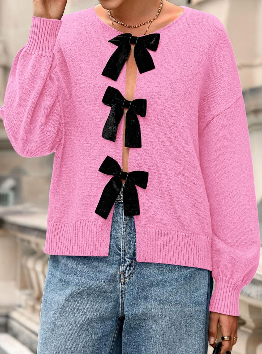 imagePRETTYGARDEN Cardigan Sweaters for Women Fall Fashion 2025 Bow Tie Front Long Sleeve Knit Sweater Tops Cute Winter ClothesPink