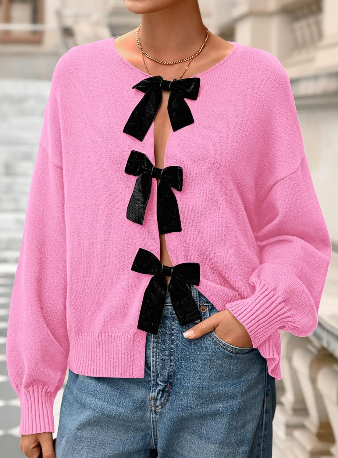 imagePRETTYGARDEN Cardigan Sweaters for Women Fall Fashion 2025 Bow Tie Front Long Sleeve Knit Sweater Tops Cute Winter ClothesPink