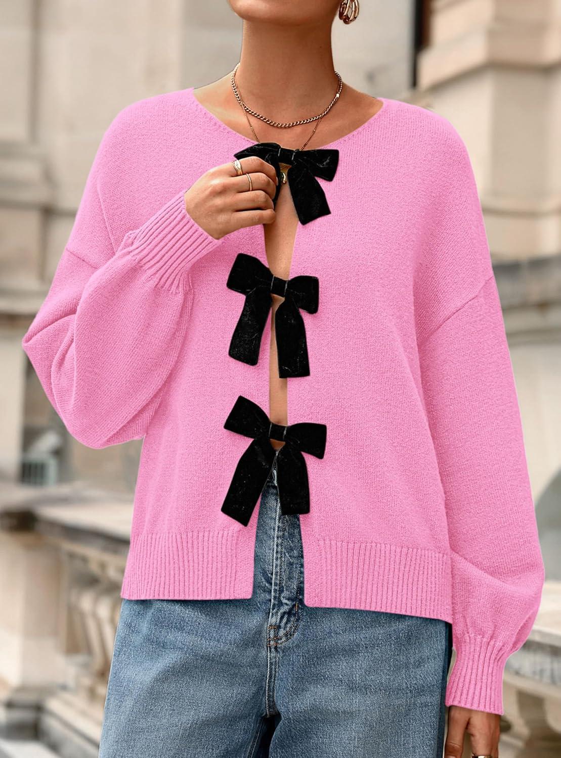 imagePRETTYGARDEN Cardigan Sweaters for Women Fall Fashion 2025 Bow Tie Front Long Sleeve Knit Sweater Tops Cute Winter ClothesPink