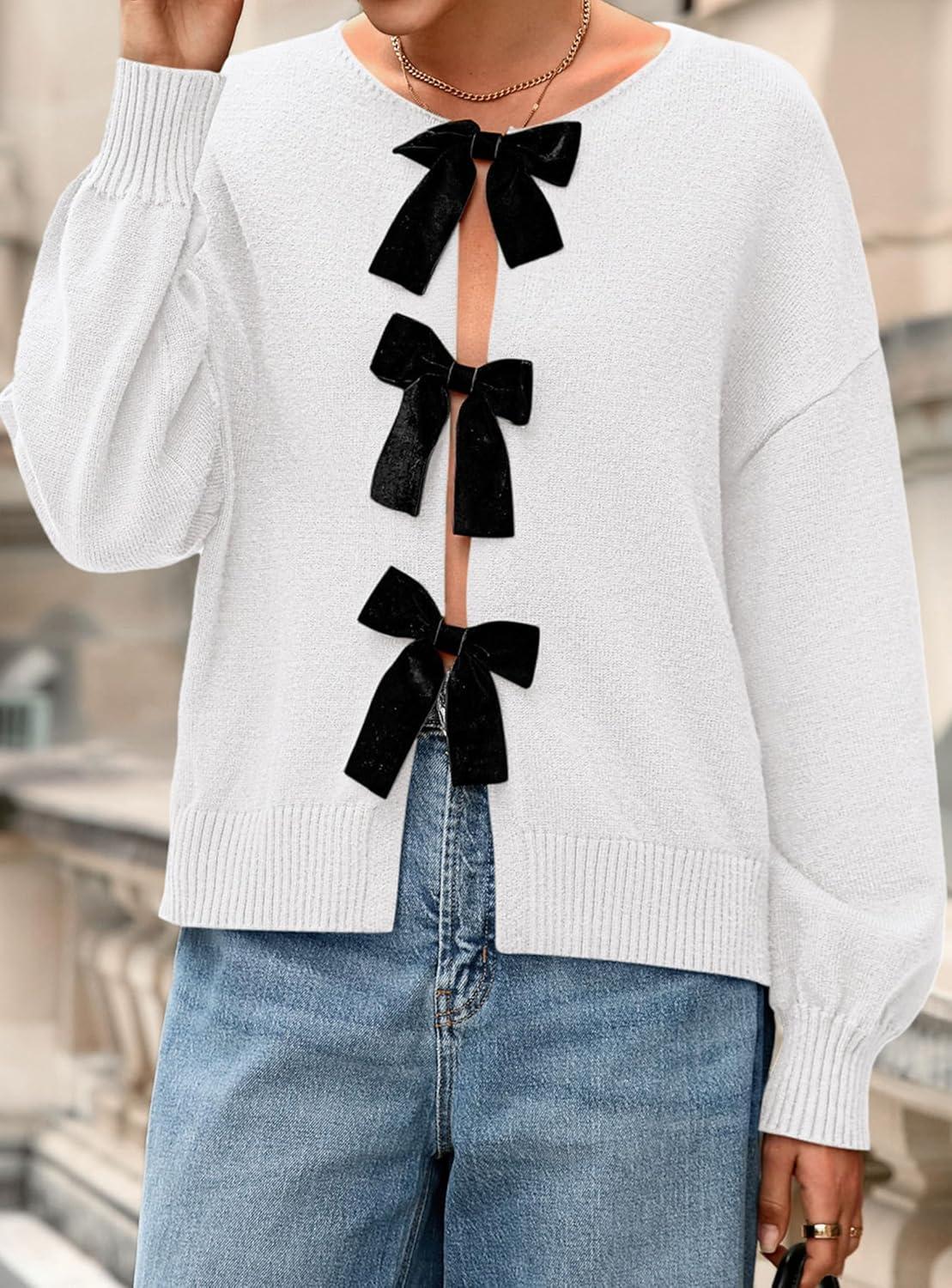 imagePRETTYGARDEN Cardigan Sweaters for Women Fall Fashion 2025 Bow Tie Front Long Sleeve Knit Sweater Tops Cute Winter ClothesWhite