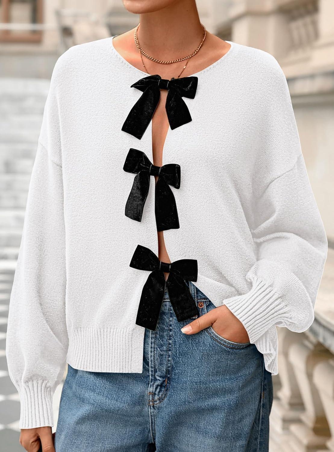 imagePRETTYGARDEN Cardigan Sweaters for Women Fall Fashion 2025 Bow Tie Front Long Sleeve Knit Sweater Tops Cute Winter ClothesWhite