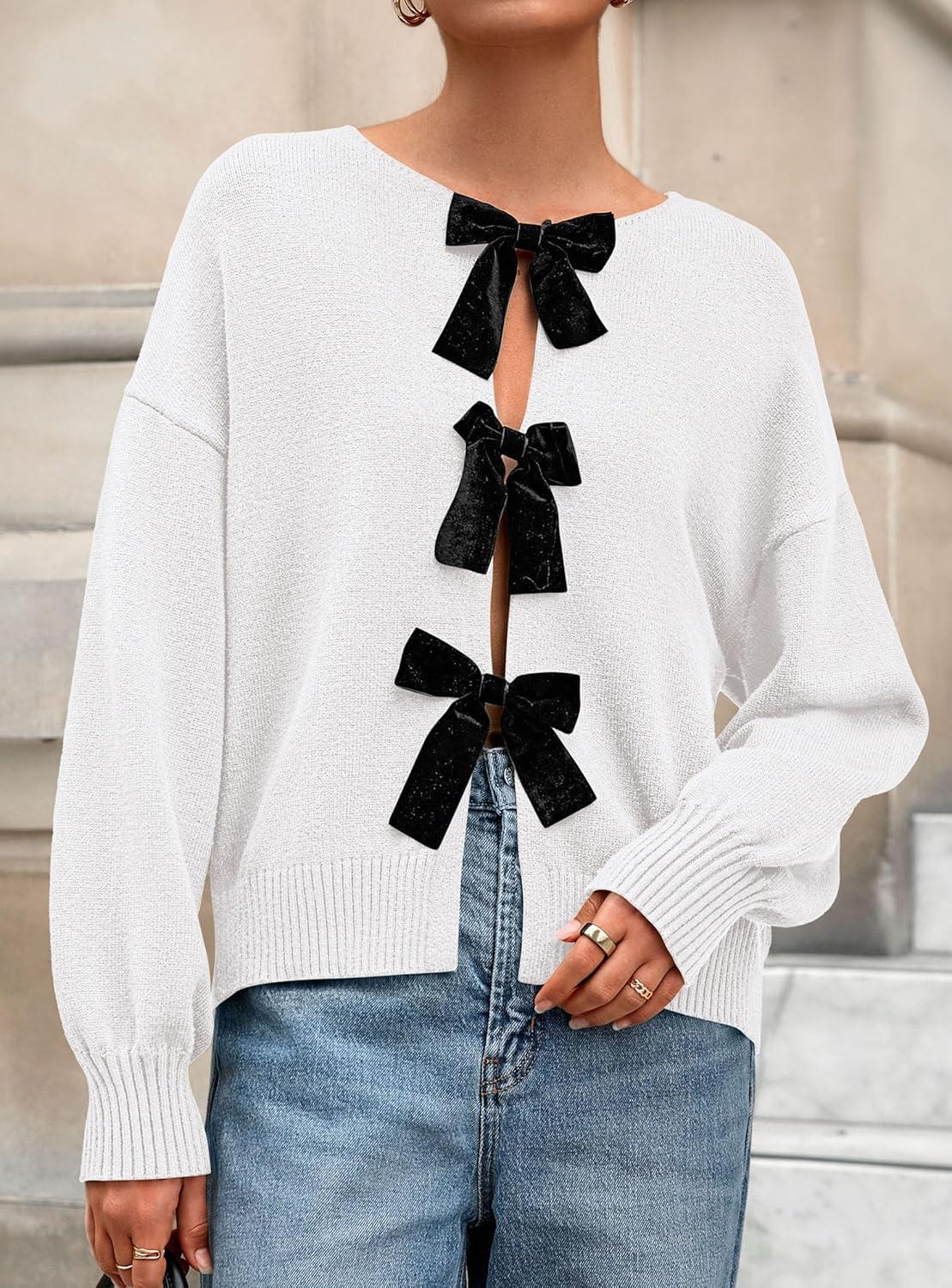 imagePRETTYGARDEN Cardigan Sweaters for Women Fall Fashion 2025 Bow Tie Front Long Sleeve Knit Sweater Tops Cute Winter ClothesWhite