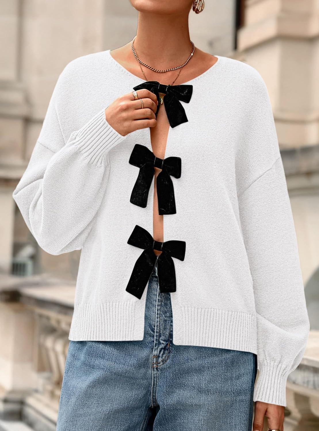 imagePRETTYGARDEN Cardigan Sweaters for Women Fall Fashion 2025 Bow Tie Front Long Sleeve Knit Sweater Tops Cute Winter ClothesWhite