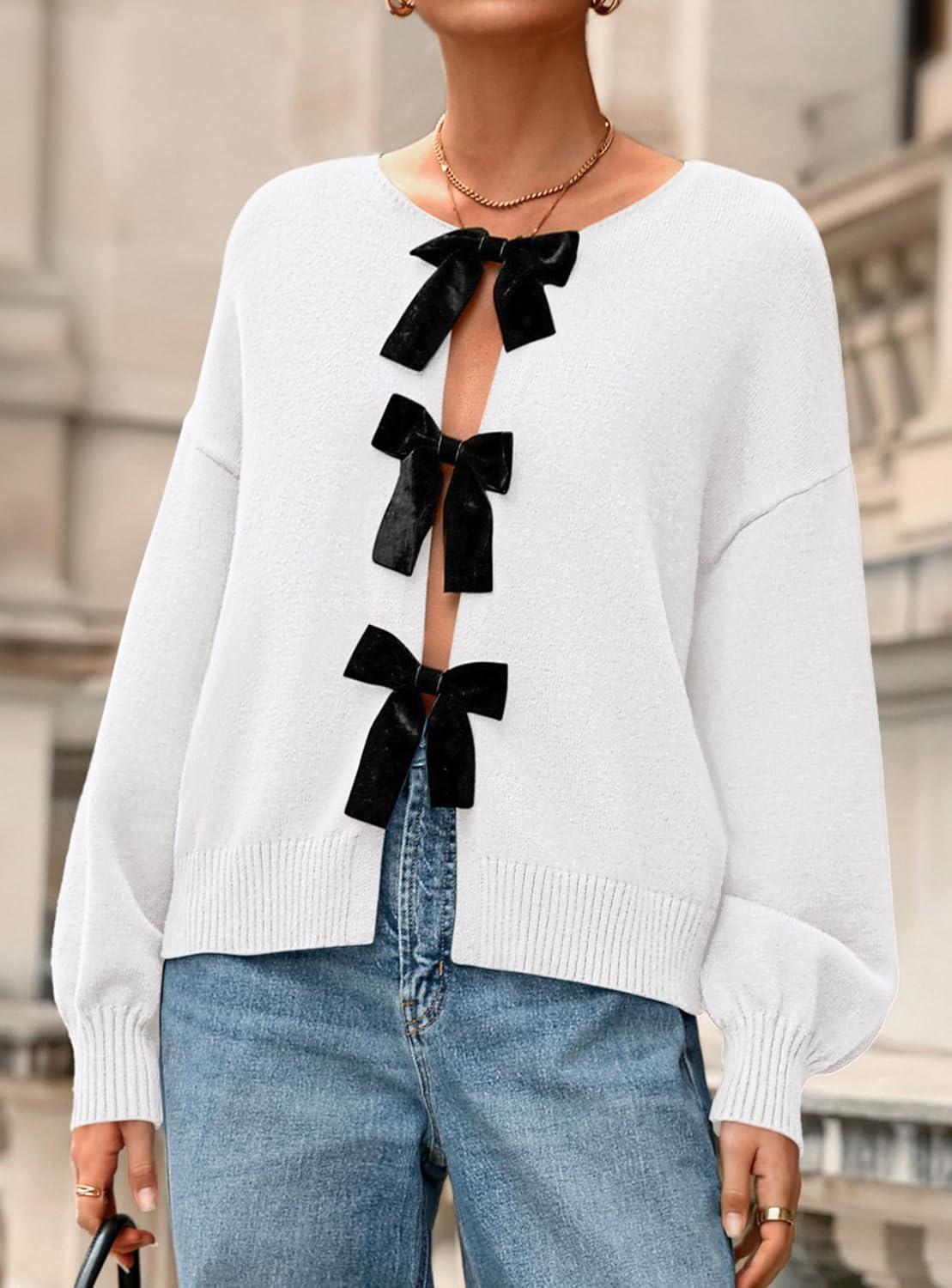 imagePRETTYGARDEN Cardigan Sweaters for Women Fall Fashion 2025 Bow Tie Front Long Sleeve Knit Sweater Tops Cute Winter ClothesWhite