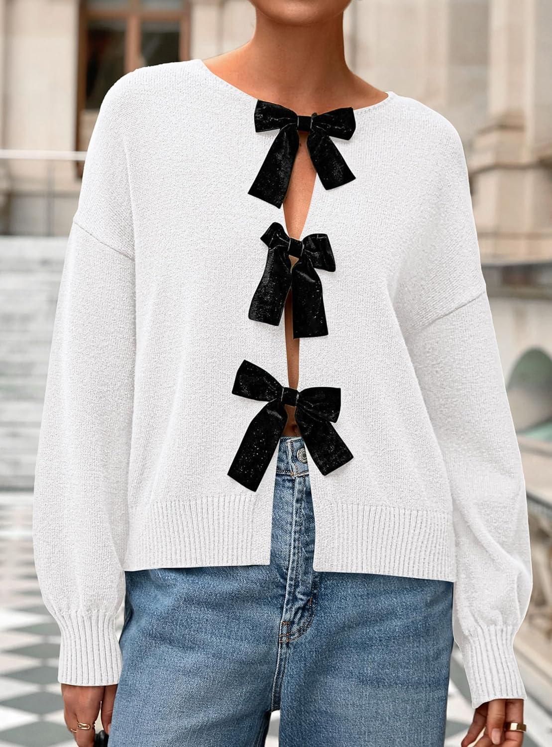 imagePRETTYGARDEN Cardigan Sweaters for Women Fall Fashion 2025 Bow Tie Front Long Sleeve Knit Sweater Tops Cute Winter ClothesWhite