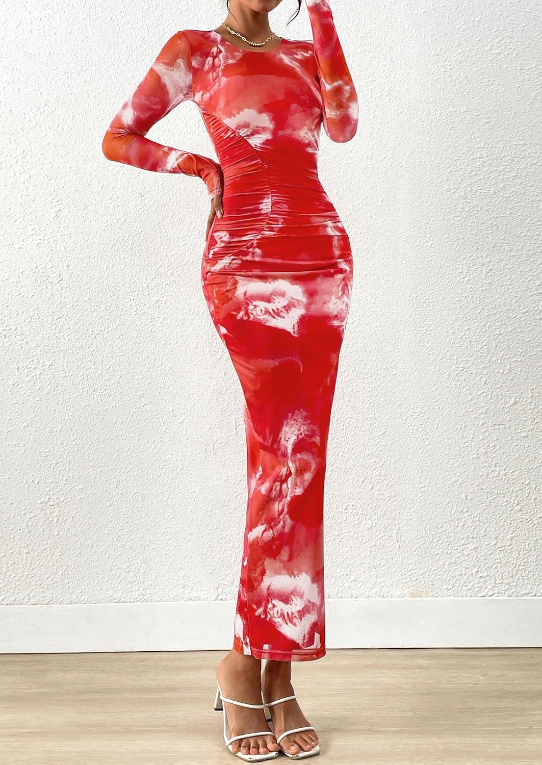 imagePRETTYGARDEN Fall Wedding Guest Dresses for Women 2025 Long Sleeve Ruched Sexy Bodycon Floral Mesh Cocktail Party Maxi DressBrick Red Floral