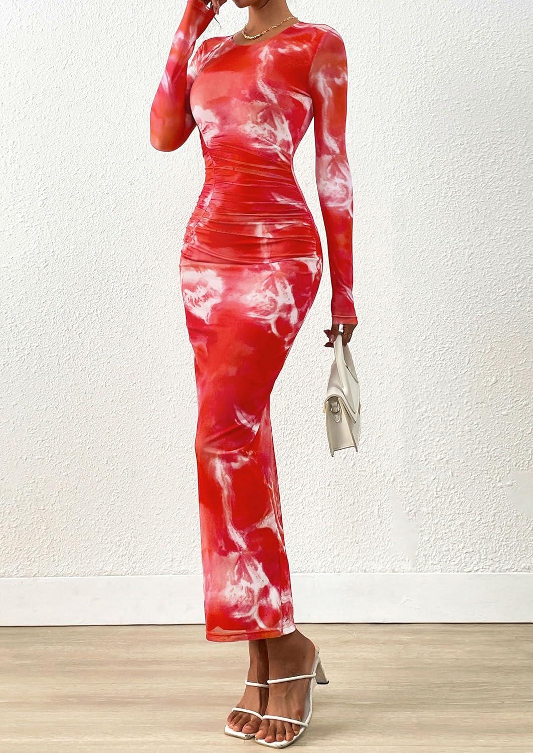 imagePRETTYGARDEN Fall Wedding Guest Dresses for Women 2025 Long Sleeve Ruched Sexy Bodycon Floral Mesh Cocktail Party Maxi DressBrick Red Floral