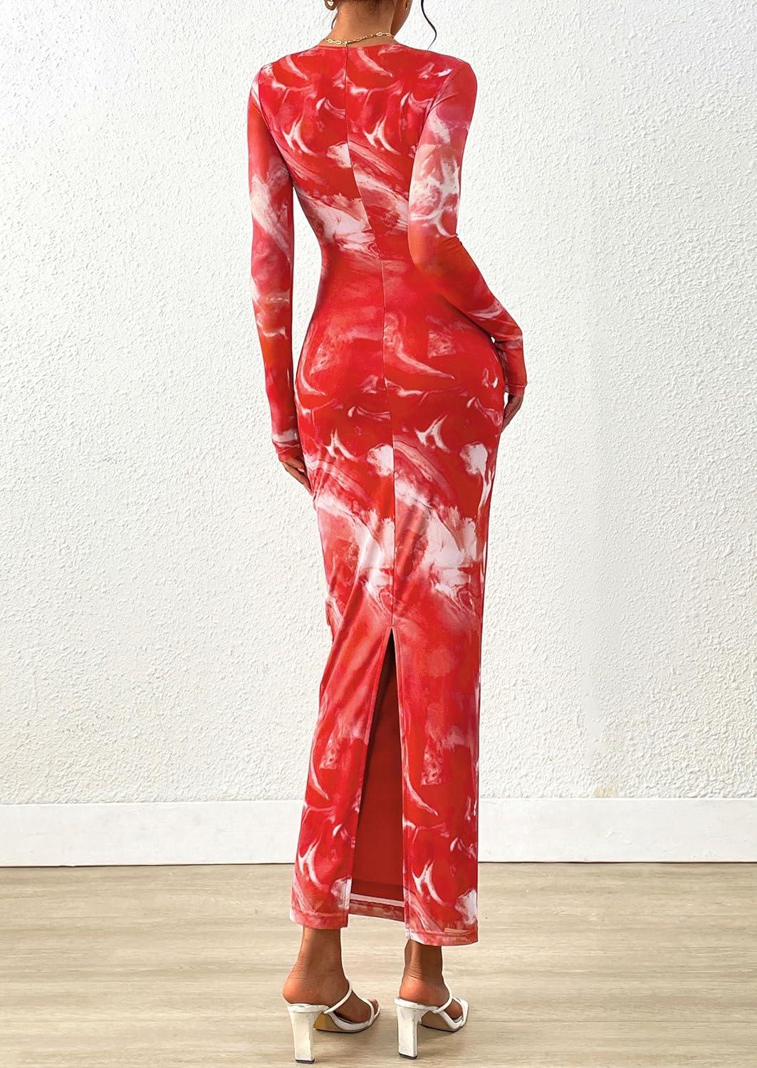 imagePRETTYGARDEN Fall Wedding Guest Dresses for Women 2025 Long Sleeve Ruched Sexy Bodycon Floral Mesh Cocktail Party Maxi DressBrick Red Floral