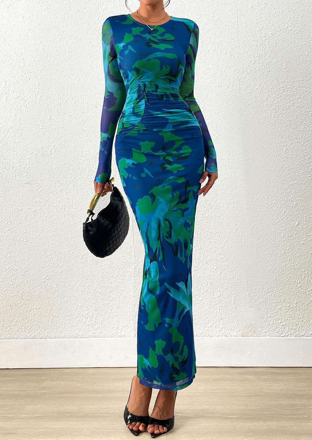 imagePRETTYGARDEN Fall Wedding Guest Dresses for Women 2025 Long Sleeve Ruched Sexy Bodycon Floral Mesh Cocktail Party Maxi DressGreen Floral