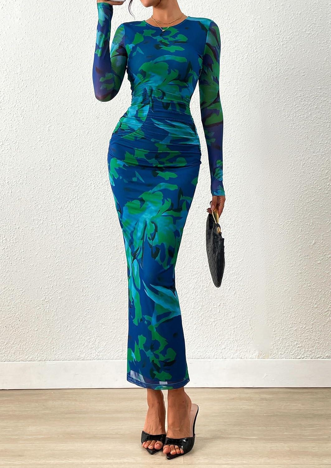 imagePRETTYGARDEN Fall Wedding Guest Dresses for Women 2025 Long Sleeve Ruched Sexy Bodycon Floral Mesh Cocktail Party Maxi DressGreen Floral