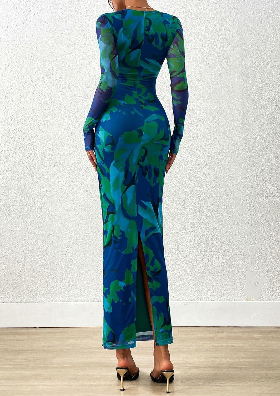 imagePRETTYGARDEN Fall Wedding Guest Dresses for Women 2025 Long Sleeve Ruched Sexy Bodycon Floral Mesh Cocktail Party Maxi DressGreen Floral