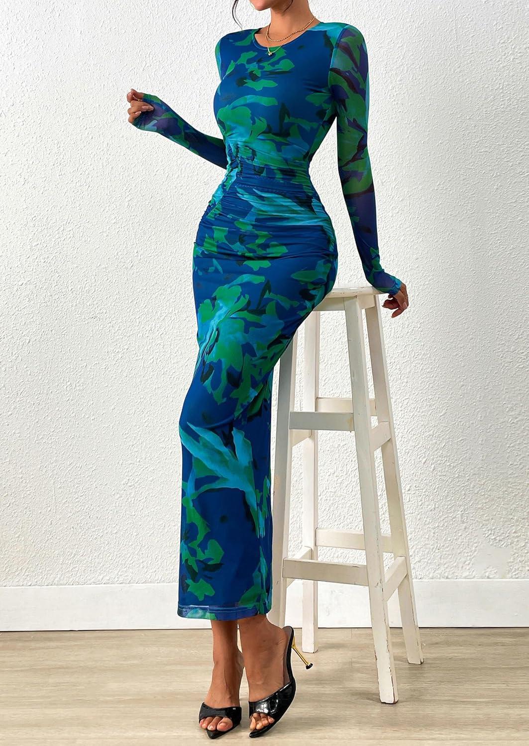 imagePRETTYGARDEN Fall Wedding Guest Dresses for Women 2025 Long Sleeve Ruched Sexy Bodycon Floral Mesh Cocktail Party Maxi DressGreen Floral