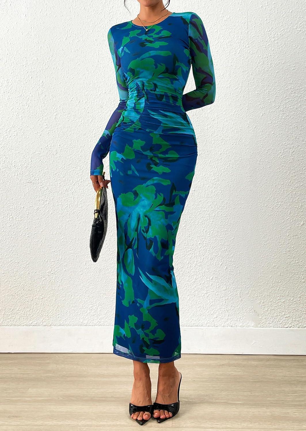 imagePRETTYGARDEN Fall Wedding Guest Dresses for Women 2025 Long Sleeve Ruched Sexy Bodycon Floral Mesh Cocktail Party Maxi DressGreen Floral