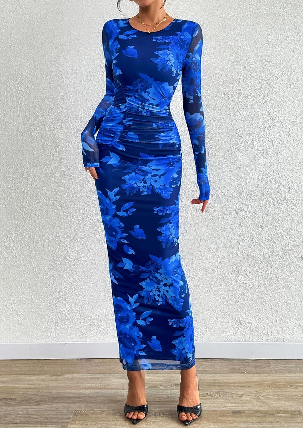 imagePRETTYGARDEN Fall Wedding Guest Dresses for Women 2025 Long Sleeve Ruched Sexy Bodycon Floral Mesh Cocktail Party Maxi DressNavy Blue Floral