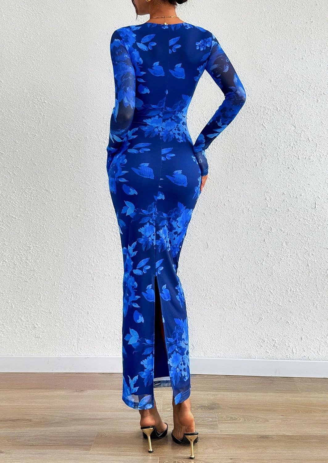 imagePRETTYGARDEN Fall Wedding Guest Dresses for Women 2025 Long Sleeve Ruched Sexy Bodycon Floral Mesh Cocktail Party Maxi DressNavy Blue Floral