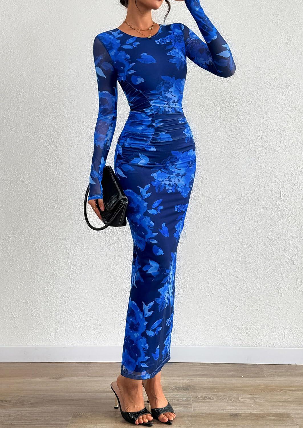 imagePRETTYGARDEN Fall Wedding Guest Dresses for Women 2025 Long Sleeve Ruched Sexy Bodycon Floral Mesh Cocktail Party Maxi DressNavy Blue Floral