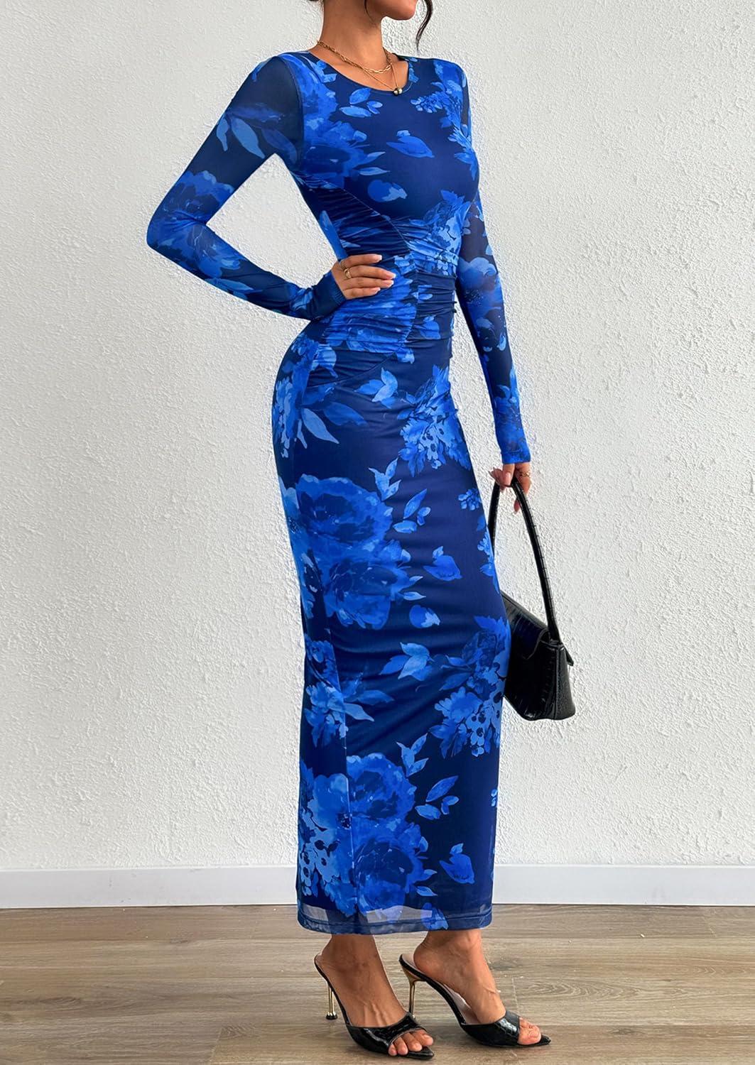 imagePRETTYGARDEN Fall Wedding Guest Dresses for Women 2025 Long Sleeve Ruched Sexy Bodycon Floral Mesh Cocktail Party Maxi DressNavy Blue Floral