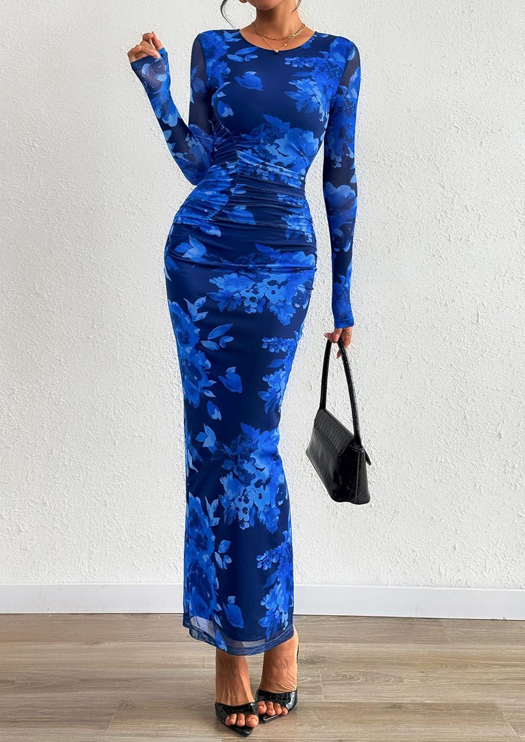 imagePRETTYGARDEN Fall Wedding Guest Dresses for Women 2025 Long Sleeve Ruched Sexy Bodycon Floral Mesh Cocktail Party Maxi DressNavy Blue Floral