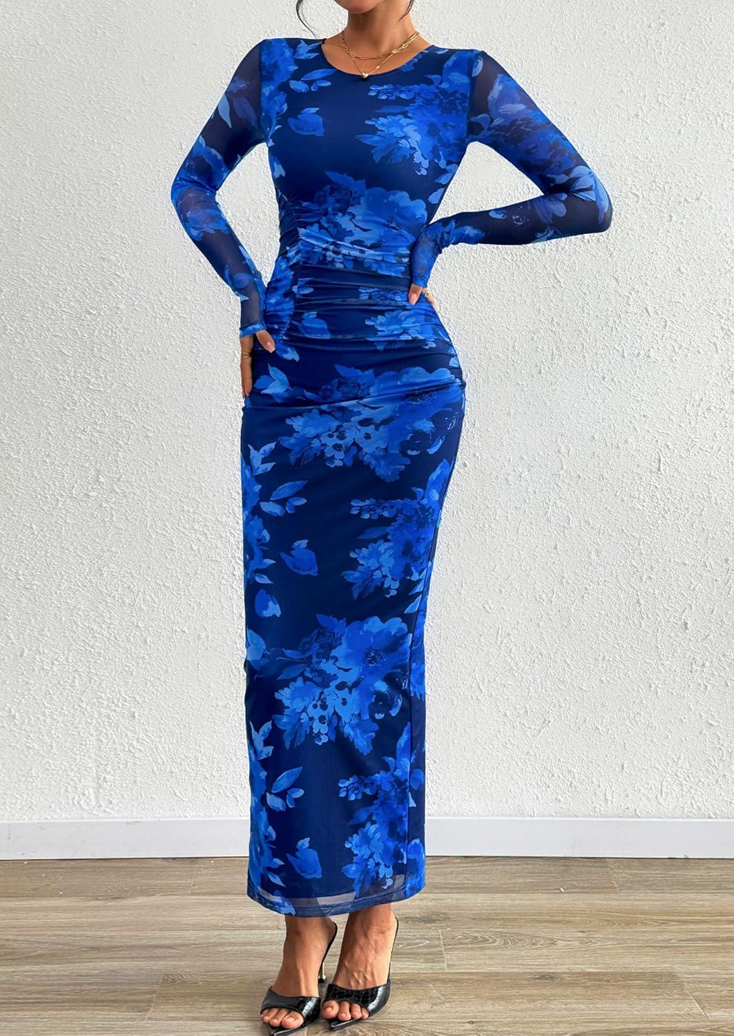 imagePRETTYGARDEN Fall Wedding Guest Dresses for Women 2025 Long Sleeve Ruched Sexy Bodycon Floral Mesh Cocktail Party Maxi DressNavy Blue Floral