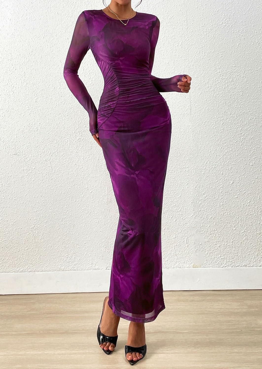 imagePRETTYGARDEN Fall Wedding Guest Dresses for Women 2025 Long Sleeve Ruched Sexy Bodycon Floral Mesh Cocktail Party Maxi DressPurple Floral