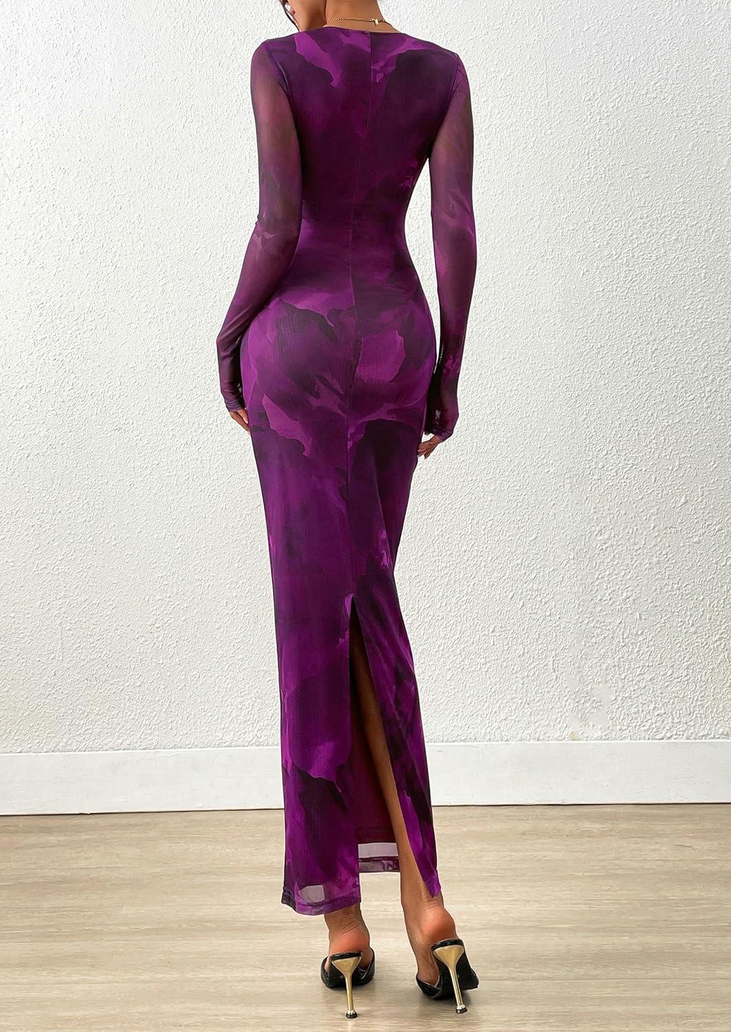 imagePRETTYGARDEN Fall Wedding Guest Dresses for Women 2025 Long Sleeve Ruched Sexy Bodycon Floral Mesh Cocktail Party Maxi DressPurple Floral