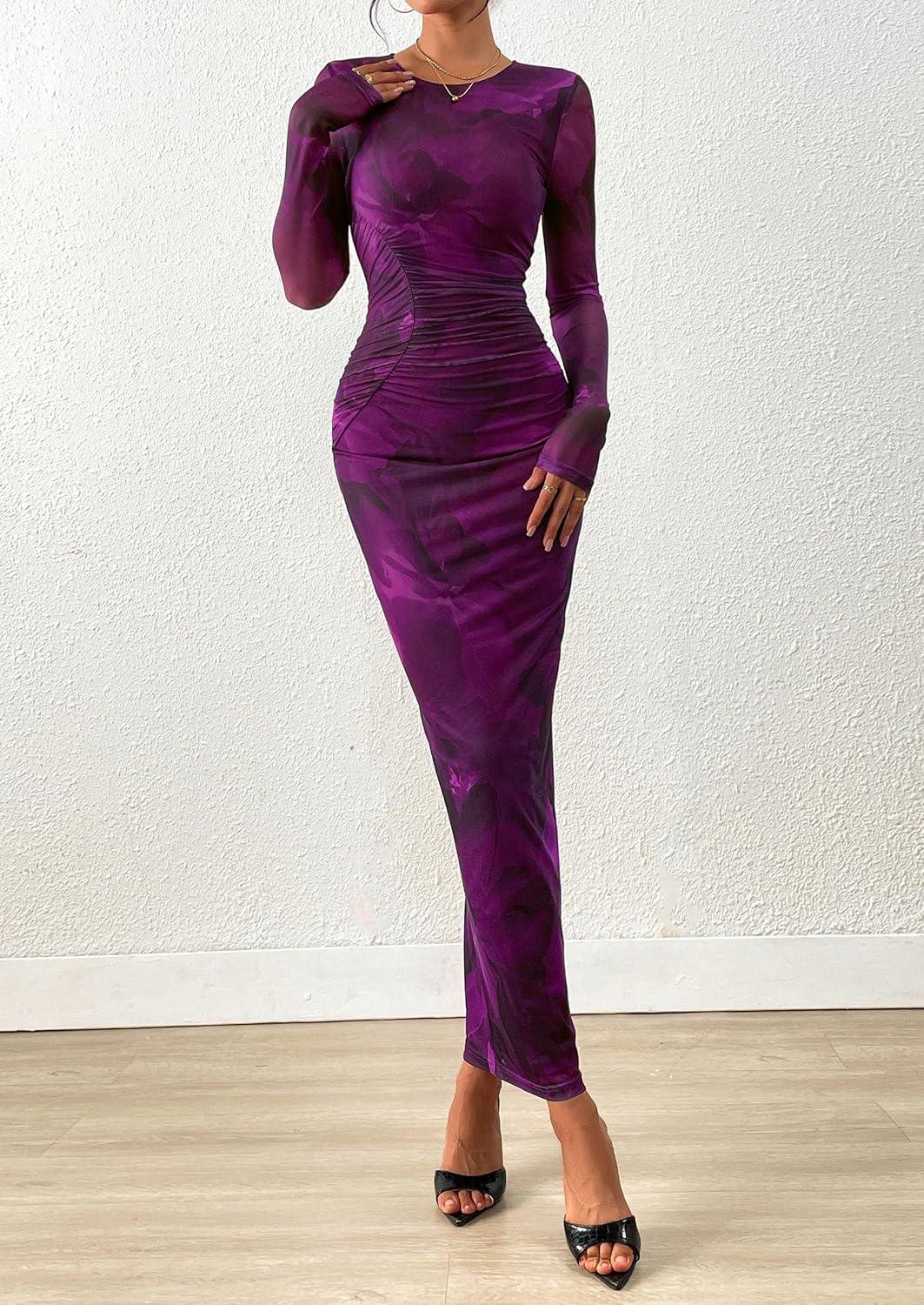 imagePRETTYGARDEN Fall Wedding Guest Dresses for Women 2025 Long Sleeve Ruched Sexy Bodycon Floral Mesh Cocktail Party Maxi DressPurple Floral