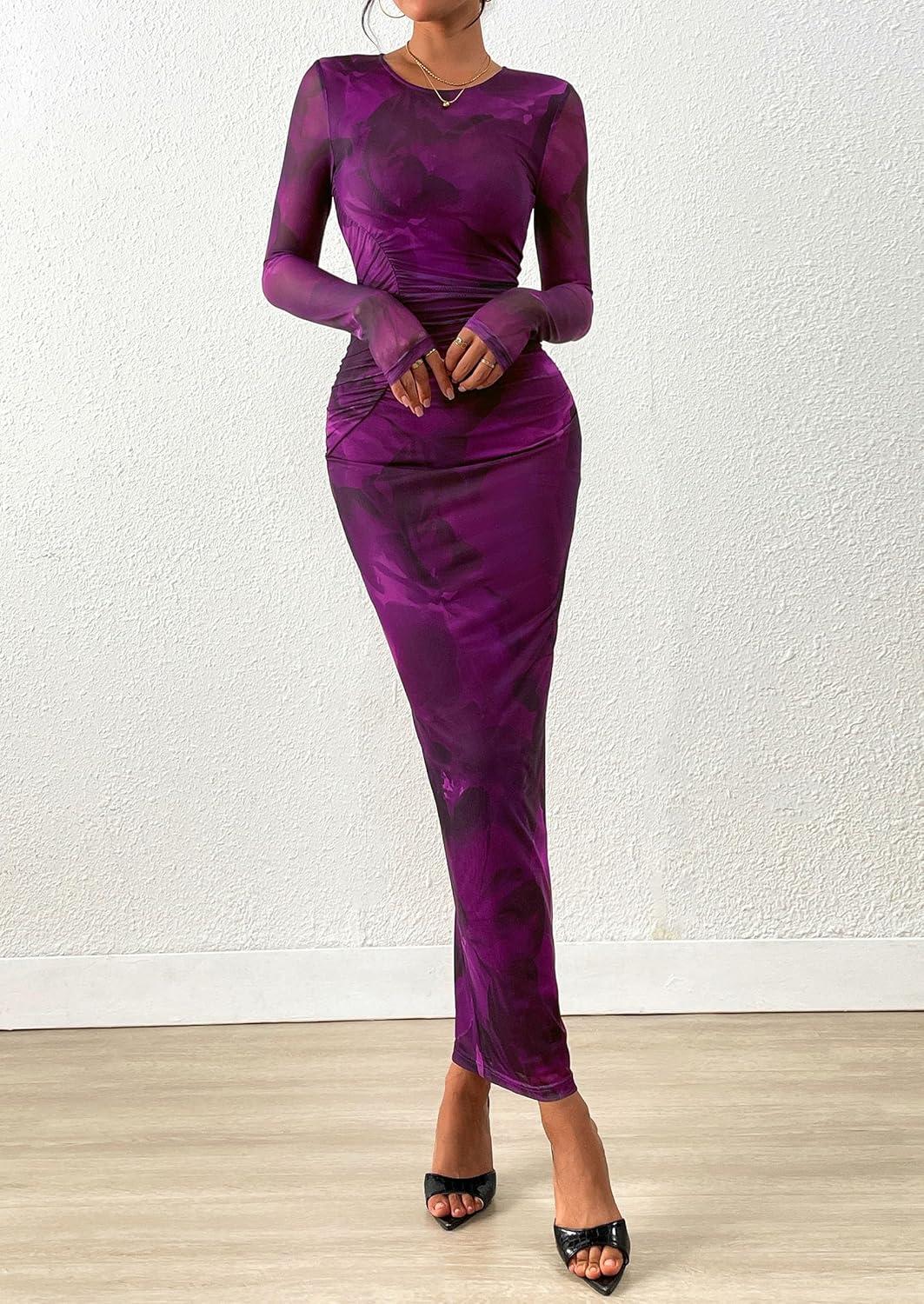 imagePRETTYGARDEN Fall Wedding Guest Dresses for Women 2025 Long Sleeve Ruched Sexy Bodycon Floral Mesh Cocktail Party Maxi DressPurple Floral