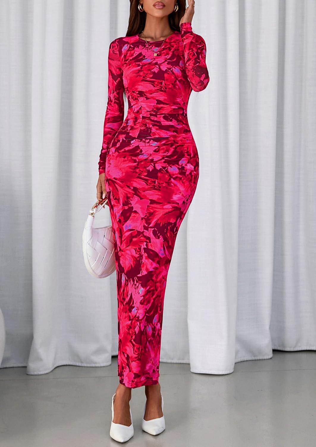 imagePRETTYGARDEN Fall Wedding Guest Dresses for Women 2025 Long Sleeve Ruched Sexy Bodycon Floral Mesh Cocktail Party Maxi DressRose Red Floral