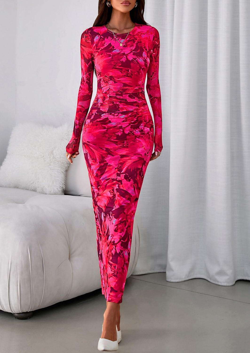 imagePRETTYGARDEN Fall Wedding Guest Dresses for Women 2025 Long Sleeve Ruched Sexy Bodycon Floral Mesh Cocktail Party Maxi DressRose Red Floral