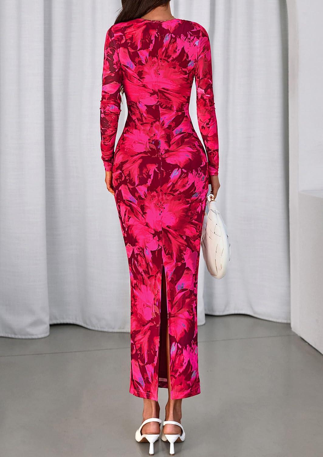 imagePRETTYGARDEN Fall Wedding Guest Dresses for Women 2025 Long Sleeve Ruched Sexy Bodycon Floral Mesh Cocktail Party Maxi DressRose Red Floral