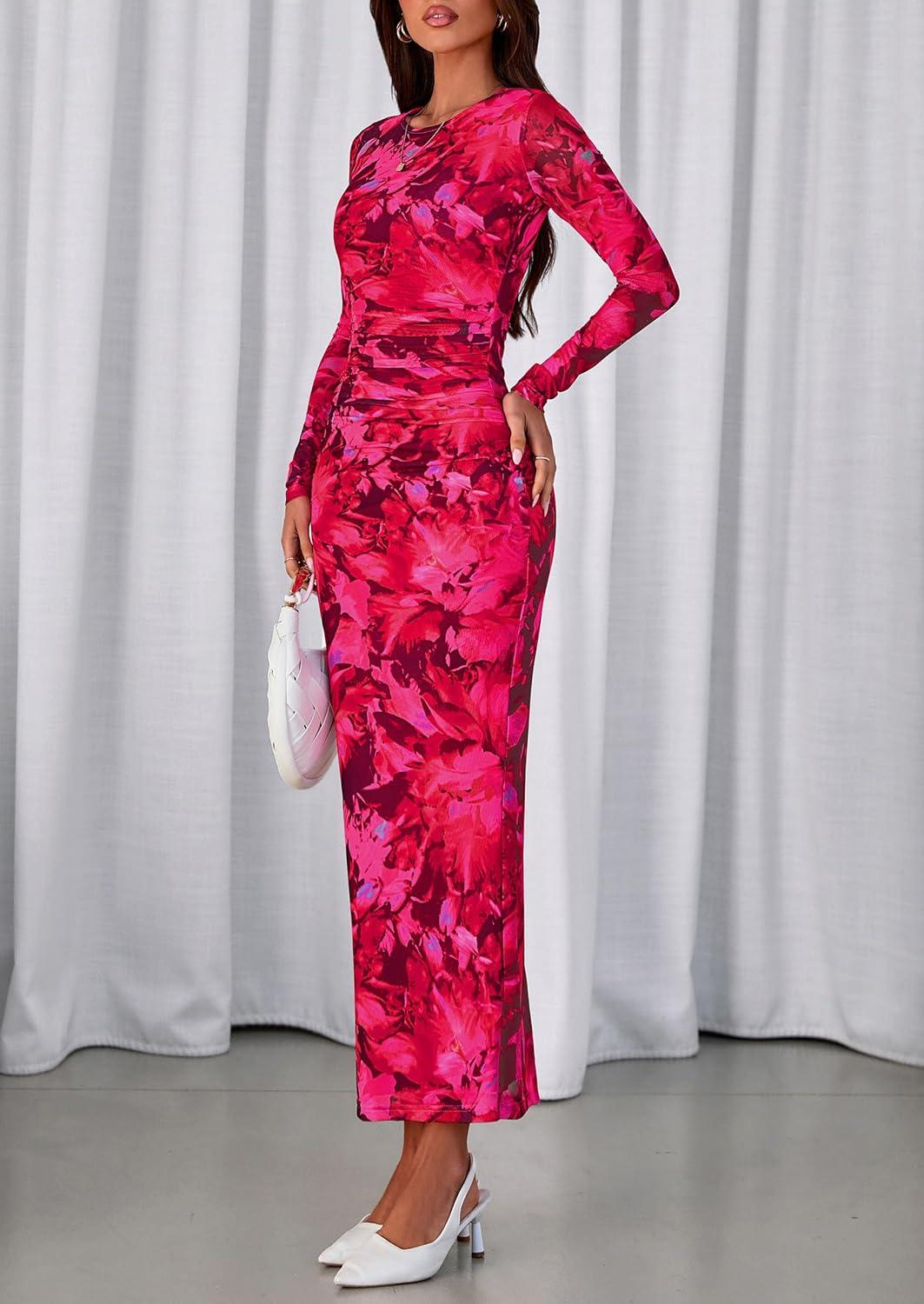 imagePRETTYGARDEN Fall Wedding Guest Dresses for Women 2025 Long Sleeve Ruched Sexy Bodycon Floral Mesh Cocktail Party Maxi DressRose Red Floral