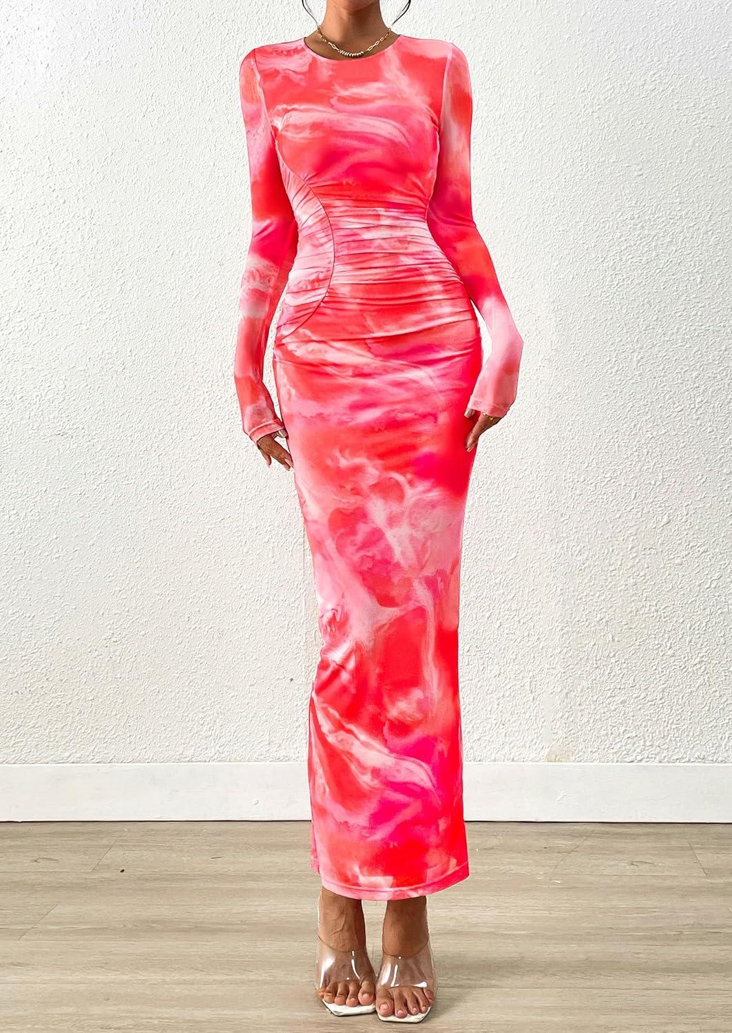 imagePRETTYGARDEN Fall Wedding Guest Dresses for Women 2025 Long Sleeve Ruched Sexy Bodycon Floral Mesh Cocktail Party Maxi DressYellow Pink Floral