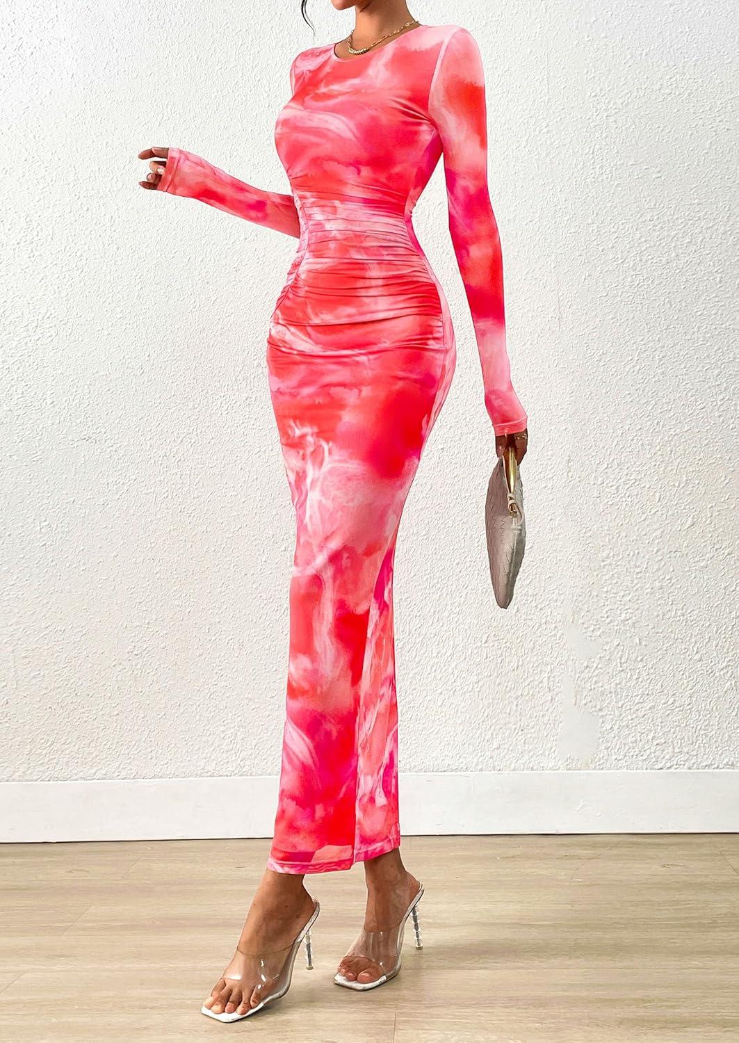 imagePRETTYGARDEN Fall Wedding Guest Dresses for Women 2025 Long Sleeve Ruched Sexy Bodycon Floral Mesh Cocktail Party Maxi DressYellow Pink Floral