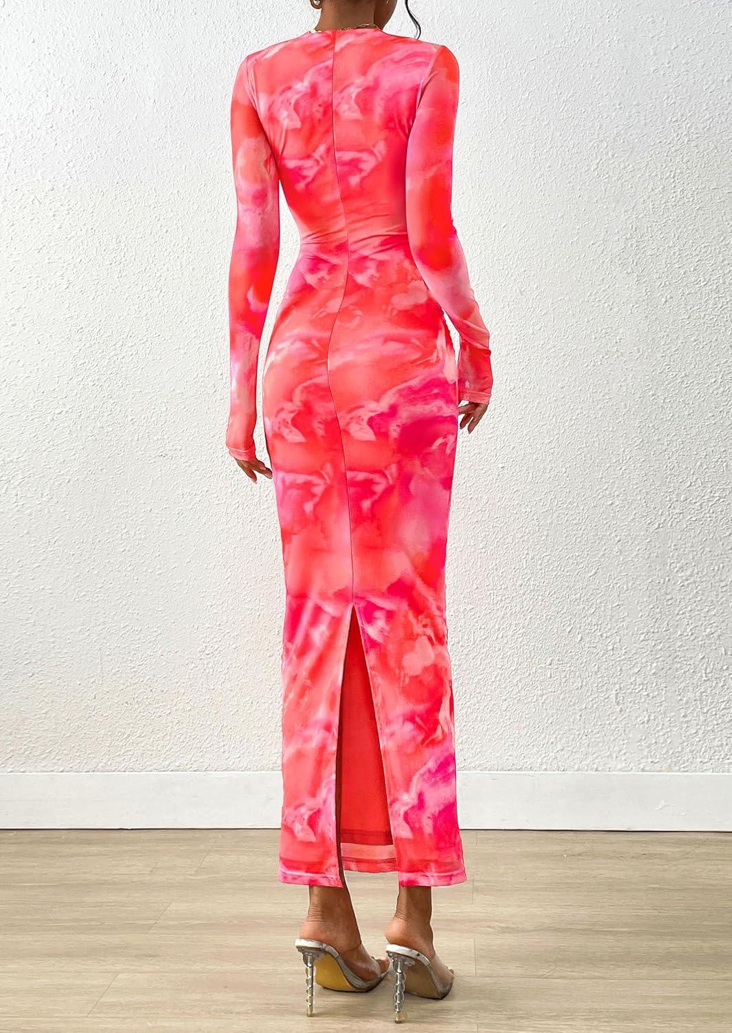 imagePRETTYGARDEN Fall Wedding Guest Dresses for Women 2025 Long Sleeve Ruched Sexy Bodycon Floral Mesh Cocktail Party Maxi DressYellow Pink Floral