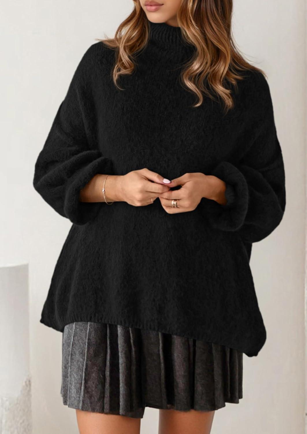 imagePRETTYGARDEN Oversized Sweaters for Women Fall Clothes 2025 Long Sleeve Mock Neck Tops Chunky Knit Pullover Winter ClothingBlack