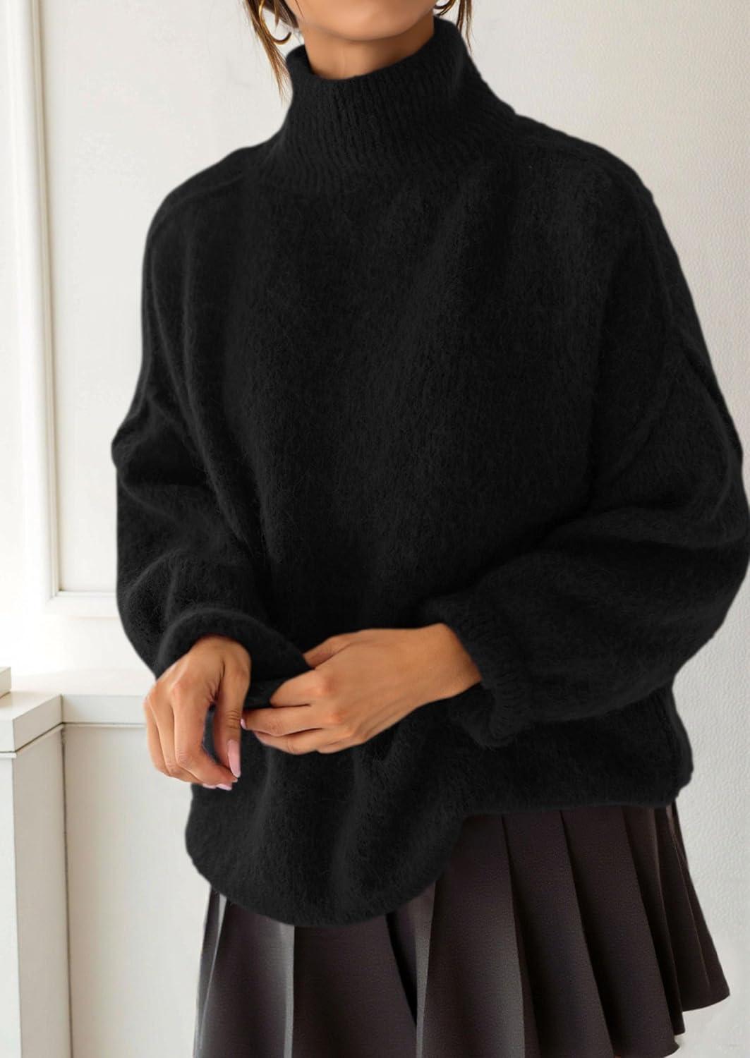 imagePRETTYGARDEN Oversized Sweaters for Women Fall Clothes 2025 Long Sleeve Mock Neck Tops Chunky Knit Pullover Winter ClothingBlack
