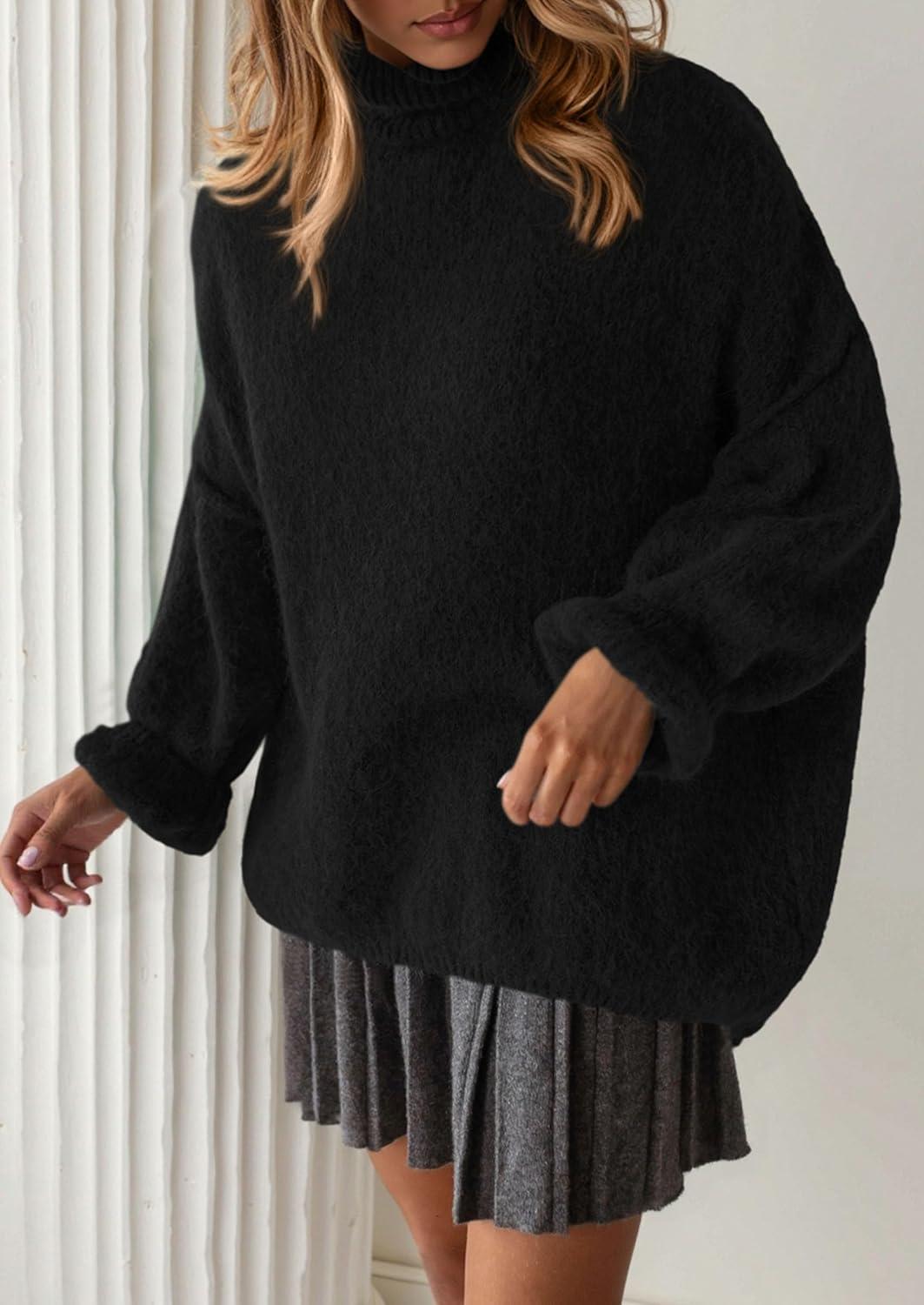 imagePRETTYGARDEN Oversized Sweaters for Women Fall Clothes 2025 Long Sleeve Mock Neck Tops Chunky Knit Pullover Winter ClothingBlack