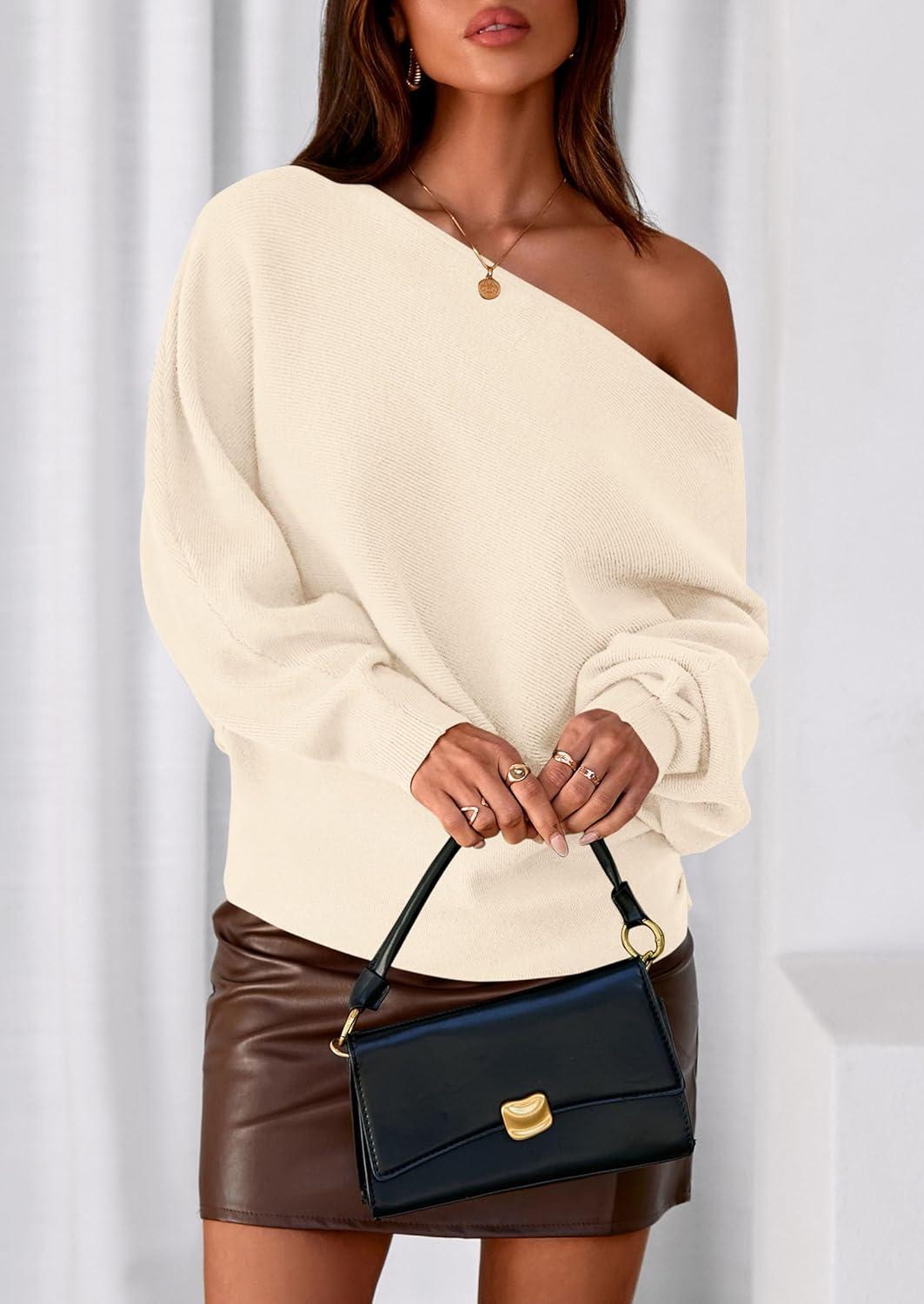 imagePRETTYGARDEN Women Off The Shoulder Sweater 2025 Fall Trendy Long Batwing Sleeve Knit Pullover Going Out Tops Winter ClothingBeige